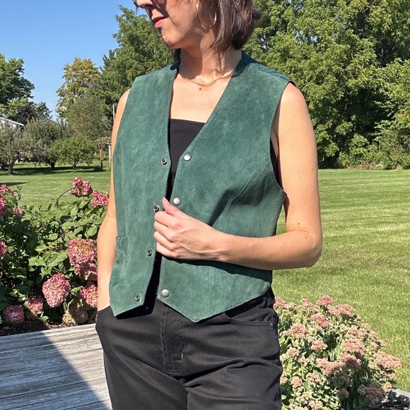 Vintage Brandon Thomas Suede Leather Vest Green Western Boho Festival Size L - Picture 1 of 6